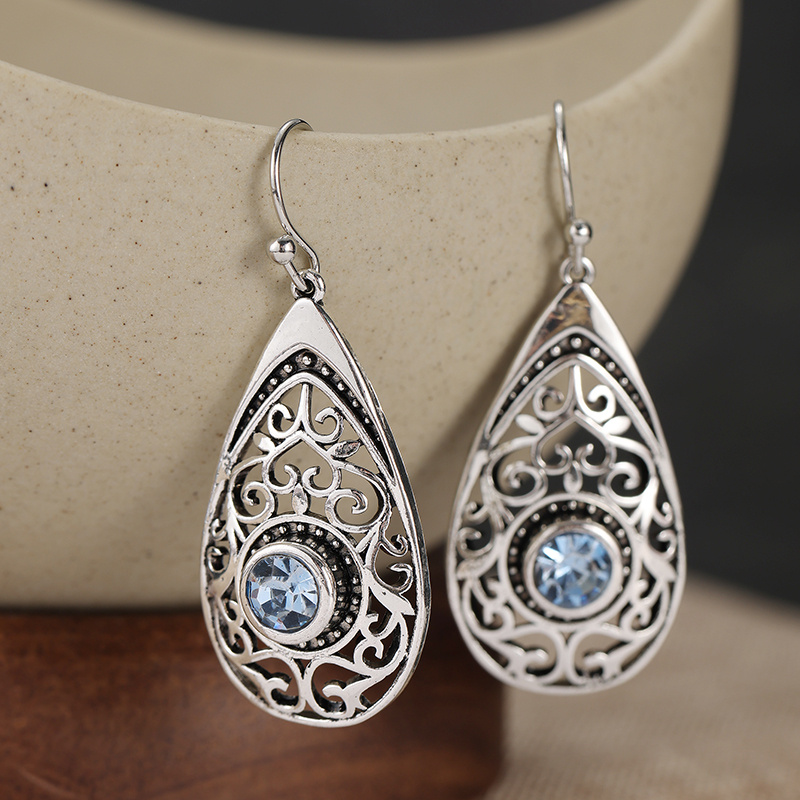 Handmade Blue Zirconia Water Drop Earrings, Retro Style